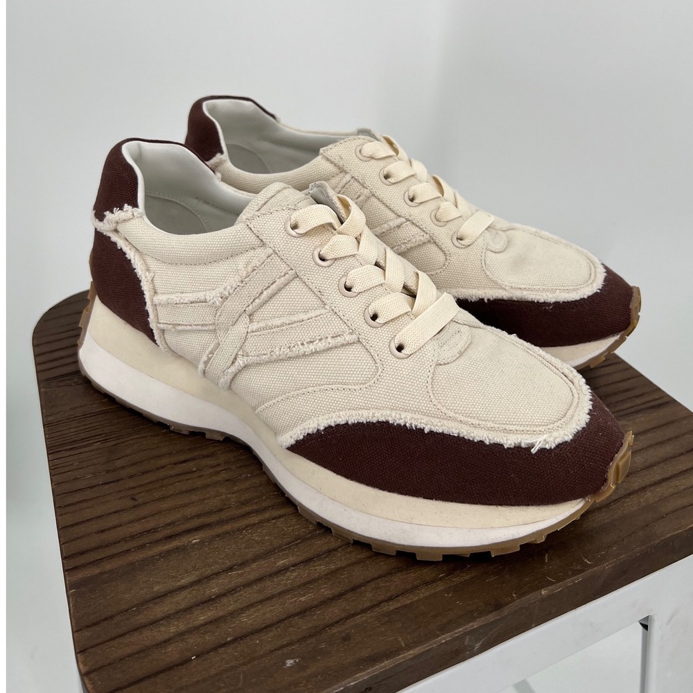 Veronica Beard Dash Canvas Sneakers Cream Brown Frayed Edge Low Top Trainers 11M
